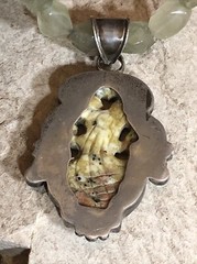 24. Vintage 925 Sterling Faceted Prehnite Beads Carved stone Pendant Necklace