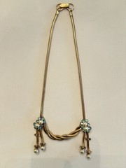 Vintage Gold Tone Festoon Snake Chain Necklace Faux Pearl Aqua Rhinestone 15”