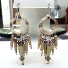 3 1/8″ LONG VTG SOUTHWEST STERLING SILVER BLUE LACE AGATE JASPER BEAD EARRINGS