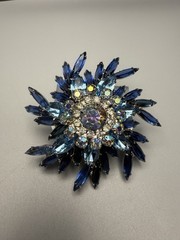 Juliana D&E BOOK PIECE Brooch Multi Blue Navettes w/AB & Clear Rhinestones 2.6”