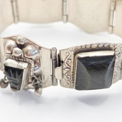 Vintage Mexican Alpaca Silver Obsidian Mask Panel Link Bracelet Hecho En Mexico