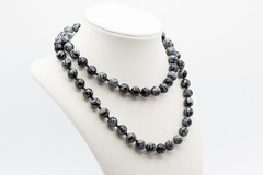 Vintage Snowflake Obsidian Bead Necklace Long Knotted Black Gray Stone Strand
