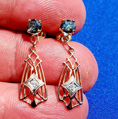 Original REAL SAPPHIRE DIAMOND Deco Earrings Gatsby era Vintage Dangles 14K GOLD