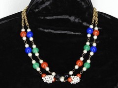 Vintage GEOFFREY BEENE Kramer Long Gold Tone Chain w Red Blue Green Pearl Beads