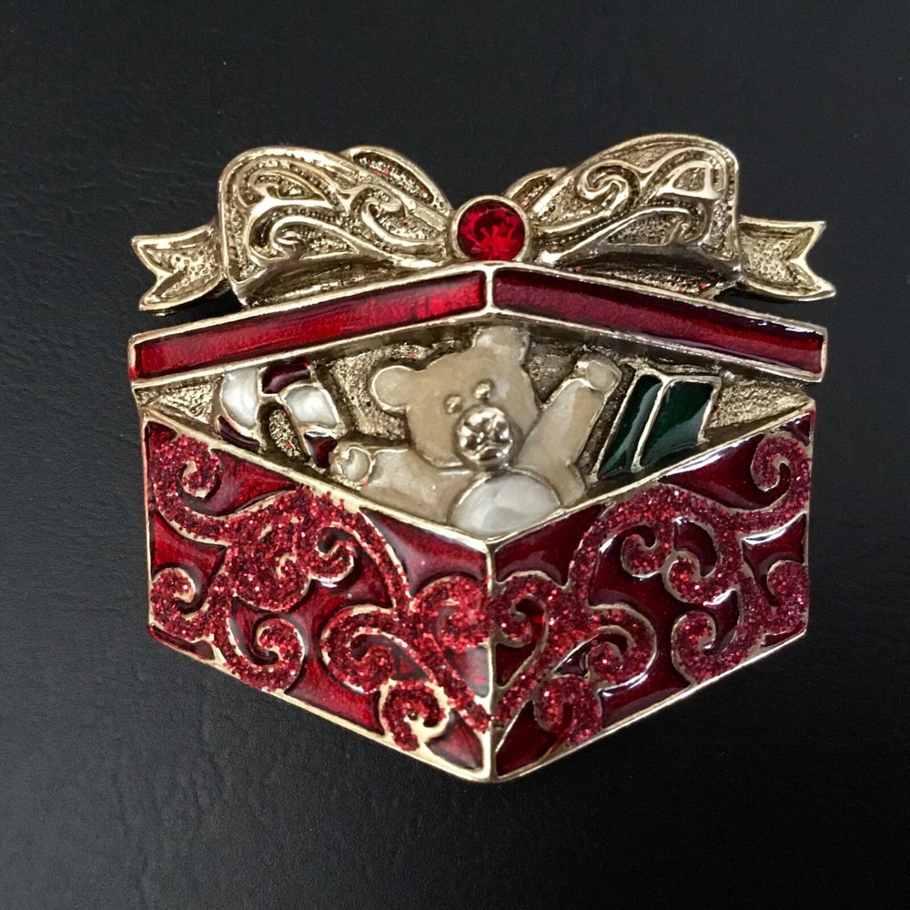 Christmas Teddy Bear in Gift Box Pin Victorian Style Gold Tone & Red Enamel