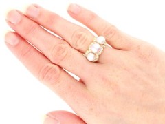 Cultured Pearl and 0.60Ct Diamond 18k Yellow Gold Cluster Ring Circa 1935