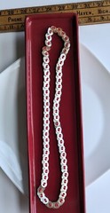 Vintage Handmade MOP Pearlized WHITE Button Double Sided RED BLUE Bead NECKLACE