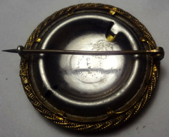 c1898 ANTIQUE MOURNING PIN with CLASSIC CELLULOID PHOTO in ORNATE BRASS & GOLD