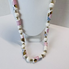 Vintage Ceramic Barrel & Round Beads Necklace – 30” – White Pink Blue – 1980s