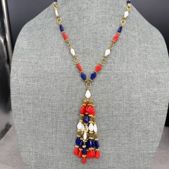 Vintage Necklace Tassel Dangles Red Blue White Acrylic Beads Retro 24 Inches