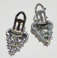 Unusual Pair Vintage Silver Plated Pot Metal Openwork Rhinestone Dress Clips 1″