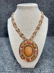Vintage Chicos Statement Necklace Large Pink Peach Rhinestone Pendant Beaded