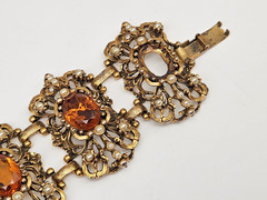 Vintage 1960s Selro Selini Gold Tone Faux Topaz Pearl Bracelet 8” Unmarked