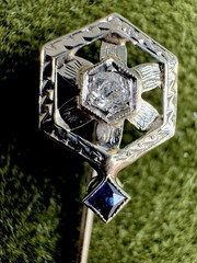 Antique Art Deco Victorian 18K White Gold Diamond & Sapphire Stick Pin Filigree