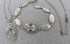 Antique Necklace Bracelet Silver Filigree Purple Stones Rose Gold Accent Flower