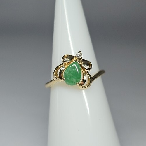 Vintage 14K Yellow Gold Jade & Diamond Ring Signed FJG35 14K Sz 6 2.37g