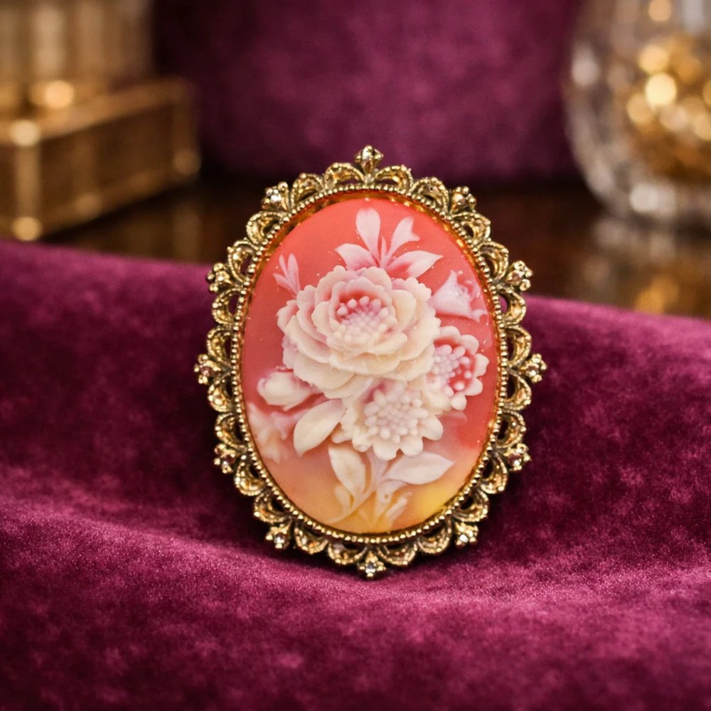 Signed Gerry’s Gold Tone Cameo Brooch with Floral Portrait & Roses | Vintage Ova