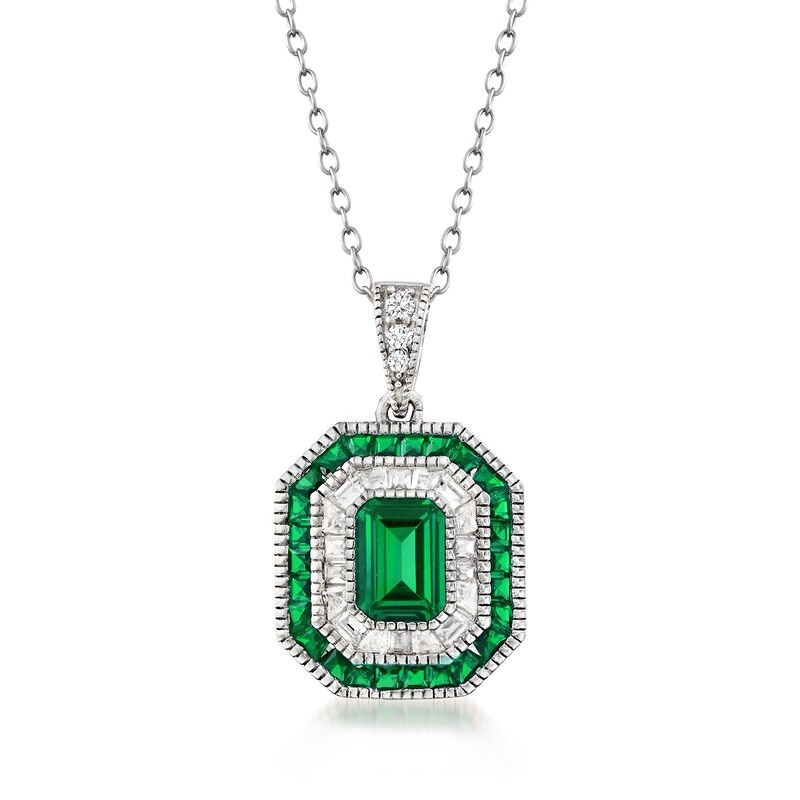 1.8 Ct Emerald Cut Green Stone Pendant Silver Necklace Double Halo Art Deco Gift