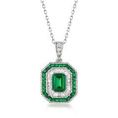 1.8 Ct Emerald Cut Green Stone Pendant Silver Necklace Double Halo Art Deco Gift