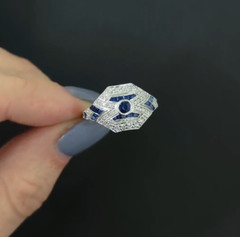 Art Deco Style Sapphire Lab Created Diamond 14K White Gold FN Anniversary Ring