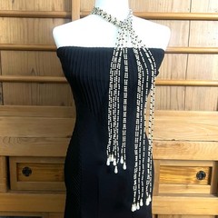 Vtg Jomaz/Joseph Mazer Signed Pearl/Blk Bead Lariat Necklace–7 Strand Scarf Styl