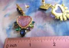 Vintage Style Gripoix PINK Heart Matte Gold Resin Heart Rhinestone Earrings NWT