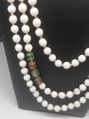 VINTAGE White Glass & Multicolor Crystals Hand Knotted 60 in beaded Necklace