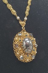 Vintage West Germany Filigree Hematite Cabochon Necklace Pendant