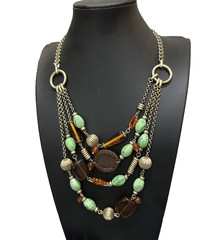 Liz Claiborne Multi Strand Statement Necklace Orange Green Light Gold Tone 18″