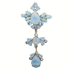 Vintage Powder Blue Opalescent Striped Art Glass Rhinestone Dangle Brooch