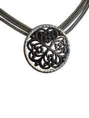 Silver Tone Black 3 Chain Pendant Necklace Collar Filigree Slide Adj 18″ Estate