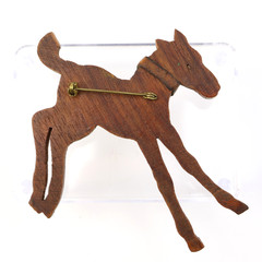 Vintage Carve Wood & Leather Collar Colt Foal Horse Running Bucking Brooch Pin