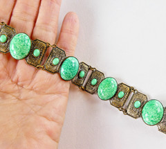Vintage Czech Ornate Brass Tone Bracelet Filigree Links Peking Glass Cabochons