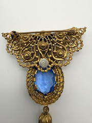 Vintage West Germany Brooch Blue Glass Gold Tone Signed FANTASTIC