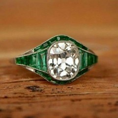 4.00CT Cushion Cut Lab-Created Diamond & Emerald Art Deco Engagement Ring Silver