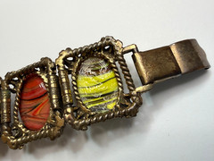 Vintage Chunky Swirl Art Glass Cabochon Link Bracelet Brass Retro 1950s Dungeon