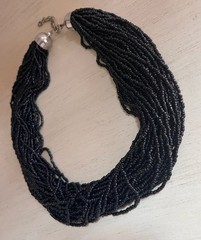 Vintage Black Glass Seed Bead Multi Layered Silver Clasp 18” Statement Necklace