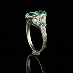 Art Deco Emerald & Lab Created Diamond Two-Stone Wedding White Gold Finish Ring