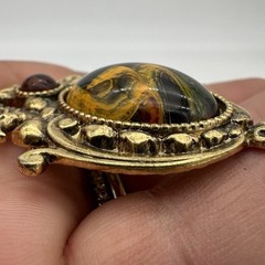Vintage Baroque Pin Brooch Gold Tone Faux Pietersite Art Glass Cab Estate