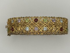 Vintage 925 China Gold Vermeil MultiGemstone Filigree Hinged Bangle Bracelet 30g