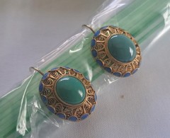 Vintage Gold Gilt Sterling Silver Turquoise Blue Enamel Dangle Earrings Jewelry