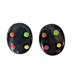 Vintage Black Metal Oval Clip-on Earrings w Colorful Polka dots EUC