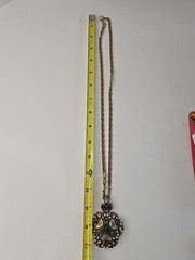 VTG Florenza Jeweled Gold Necklace Green Rhinestone Pearl Beauty Signed Italian