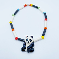Vintage Flying Colors Necklace Panda Bear Ceramic Collectible Kitsch 1980s 15.5″