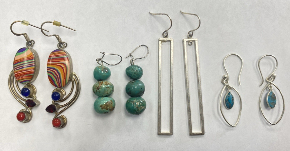 Lot Of 4 Pairs Silver Dangle Earrings Assorted Vintage Estate