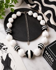 VTG VCLM Signed Mod Black White Striped Resin Bead Statement Choker Necklace 80s