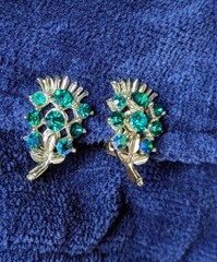 Vintage Green Peacock Blue Aurora Borealis AB Glass CLIP Earrings Feather Leaf
