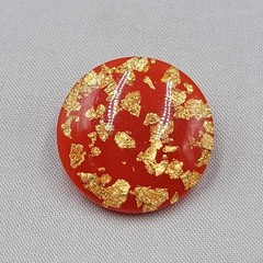 Vintage Red Lucite Brooch Gold Flecks Round 1.25 in