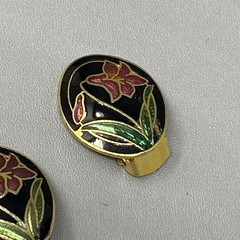 Cloisonne Stud Button Earrings Flower Iris Enamel Black Base Clip On Vintage .75