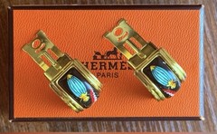 Hermes Vintage Cloisonne’ Luxury Enamel Gold Tone Clip on Earrings with box